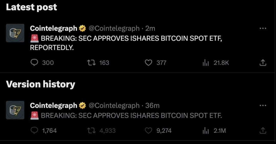 Cointelegraph's erroneous post. Source: X.com